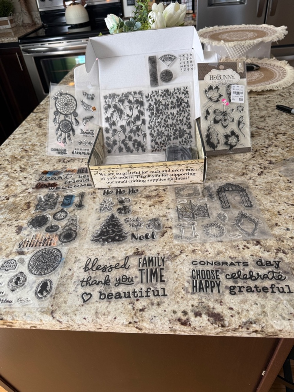 Assorted Clear Home Design Stamp Set - Black Floral & Sentiments